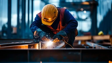 welders in special clothing and protective masks making metal structures in workshops, metal manufacturing, industrial welding