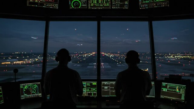 Two air traffic controllers in silhouette inside a control tower. View of a busy airport runway at night with planes taking off and landing.