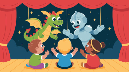diverse children watching a dragon and knight puppet show, vector illustration for theatrical storytelling, early childhood entertainment and creative imagination