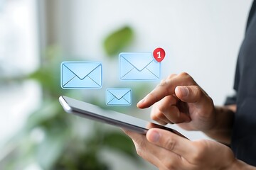Person s hand holding a smartphone with glowing email icons and a notification badge indicating one new message representing digital communication and connectivity