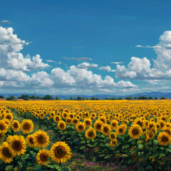 a sunflower field on a summer day with a blue sky and white clouds