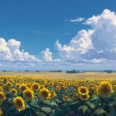 field of sunflowers and blue sky with clouds