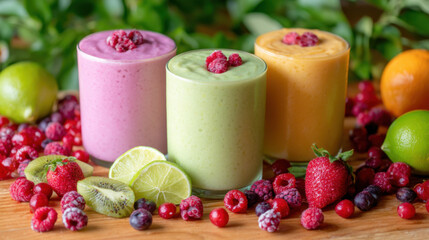 Three colorful fruit smoothies-pink, green, and orange-garnished with raspberries and surrounded by fresh fruit on a wooden surface.