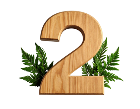 Wooden number two with natural greenery decoration and eco-friendly design isolated on white background