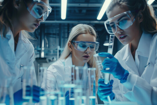 Three female scientists analyzing chemical samples in laboratory glassware.