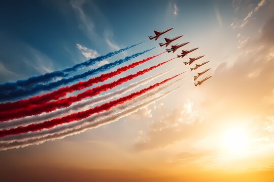 Spectacular Airshow with Colorful Smoke Trails at Sunset Sky