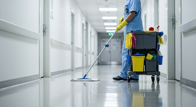 Attentive cleaner carefully mops the shiny floor in a pristine hospital corridor with a cleaning cart nearby, maintaining hygiene. - Powered by Adobe