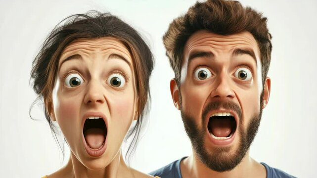 Woman and man making surprised facial expressions against neutral background.