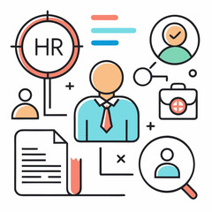 Simple Icon Set for HR and Recruitment Featuring Resume, Magnifying Glass, Interview Scene, CV Form, and Selected Profile