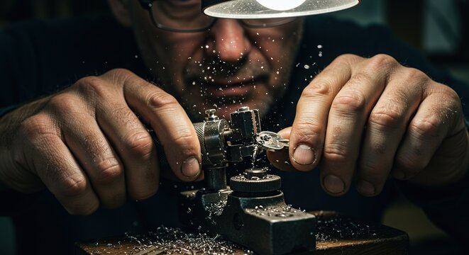 A locksmith diligently works on cutting a key with precision using a key cutting machine in his workshop, illuminated by a bright lamp