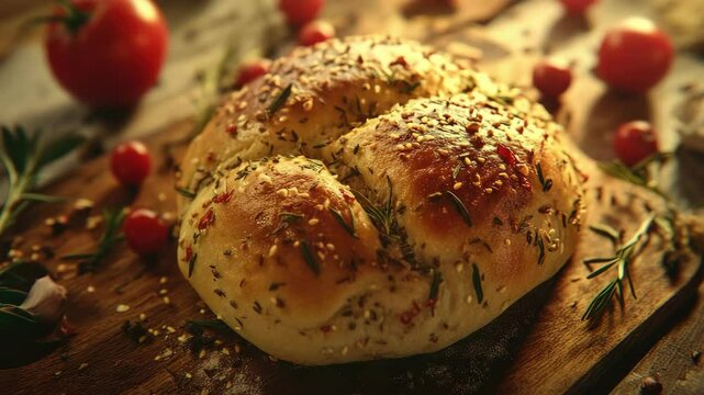 These herb-stuffed bread rolls are perfectly baked and ready to eat. They have a soft, chewy texture with the delightful taste of fresh herbs and seasonings.