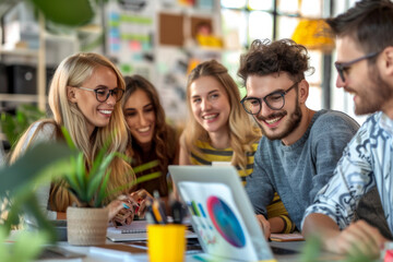 Obraz premium Joyful young professionals collaborating in a bright office space.