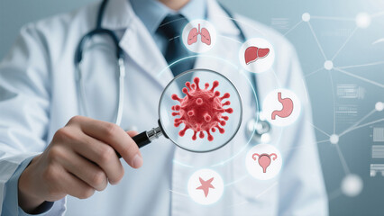Doctor examining virus with magnifying glass surrounded by internal organ icons and data network hand