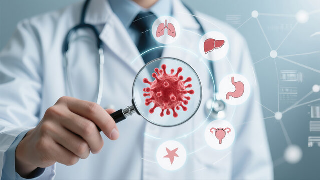 Doctor examining virus with magnifying glass surrounded by internal organ icons and data network hand