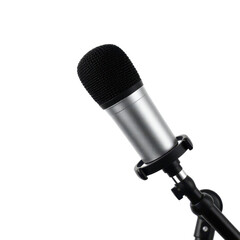 Close-up of silver microphone with black mesh grille mounted on stand isolated on transparent background