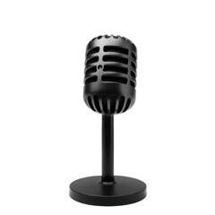 Classic black vintage microphone with grille on stand isolated on transparent background