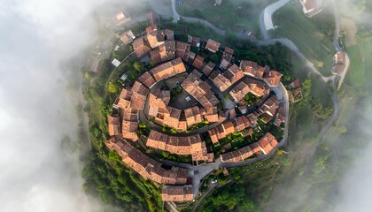 Aerial View of Circular Village in Fog.