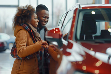 Happy couple admiring a new car at a dealership showroom, contemplating purchase.
