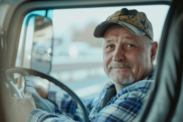 Cheerful American truck driver steering his vehicle on a sunny day.
