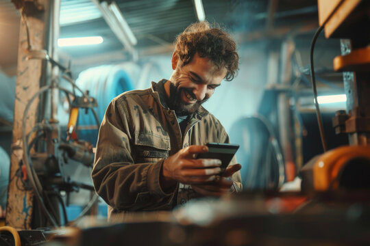 Bearded craftsman in overalls laughing at a message on his smartphone in a workshop.