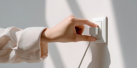 Turning on a device a hand plugging in a charger on a bright day. Woman Plugging Charger in Wall