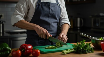 Chef preparing fresh vegetables for healthy meal preparation in a professional kitchen environment with parsley and tomatoes.