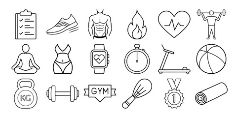 Collection of fitness and health icons representing exercise and wellness isolated on white background