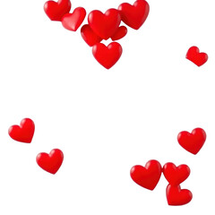 Scattered small red 3D hearts floating and falling on transparent background