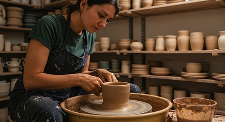 Concentrated artisan shapes clay on a wheel, crafting pottery with skilled hands in her ceramic workshop surrounded by finished pieces.