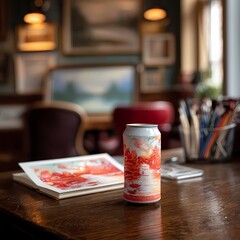 Colorful Beverage Can on Wooden Table in Cozy Art Studio