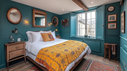 Cozy teal bedroom with wooden accents and warm yellow throw