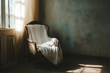 a chair with a blanket on it in front of a window