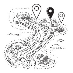 Continuous line drawing of paths and Location markers. Pin between two points in one line style. GPS navigation and travel concept in doodle style. , vector style simple color