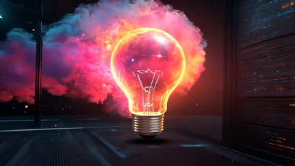 Fiery lightbulb in futuristic server room. - Powered by Adobe