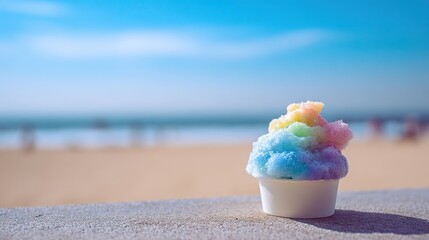 Colorful rainbow-colored ice cream served in paper cups, blurred background emphasizing the vibrant colors and textures of summer frozen desserts, a pleasant moment of vibrant summer food.