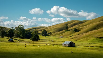 Serene countryside farmland rolling green hills rustic barns grazing sheep under a clear blue sky peaceful rural landscape perfect for travel and nature stock imagery