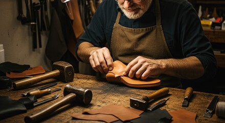 Artisan meticulously crafts leather shoes in his workshop, blending traditional techniques with expertise for quality footwear.
