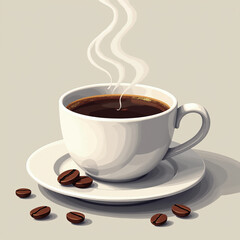 Obraz premium Steaming Coffee: White Cup with Scattered Beans, Daily Enjoyment in a Minimalist Setting