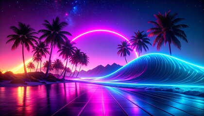 Fototapeta premium Neon palm beach, glowing wave, starry night