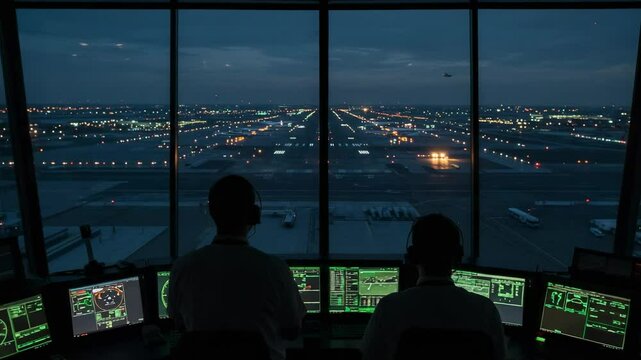 Two air traffic controllers in a control tower overlooking an airport at night. People monitoring runways and flight traffic on computer screens.