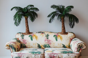 a couch with two palm trees on top of it