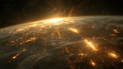 Obraz premium Earth from space, cities ablaze in sunrise