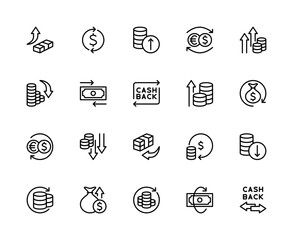 Money movement related vector linear icons set. Contains such icons as payment, movement, arrows, send, receive and more.
