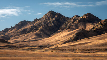Naklejka premium Majestic rugged mountains and golden rolling hills under a vibrant blue sky in a vast natural landscape