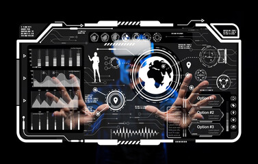 Futuristic Technology Interface with Data Visualization and Touch Interaction in Virtual Reality...