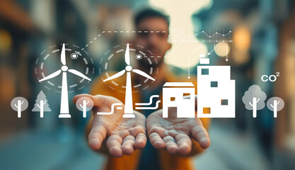 Young man holds hands in front of visual representations of wind energy, buildings, trees, and...