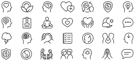 Mental Health & Wellness Line Icons Pack – Unique Outline Symbols Representing Self-Care, Therapy, Mindfulness, Emotional Support & Mental Wellbeing for UI, Healthcare, and Counseling Design Projects