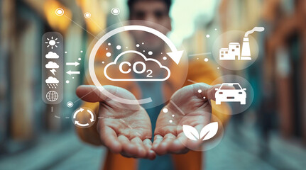Hands of a person holding environmental icons representing carbon footprint, pollution reduction, sustainable practices, and climate change awareness in urban setting