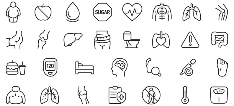 Obesity Health Risks Line Icons Pack &ndash; Medical Vector Set Featuring Unique Icons for Weight-Related Diseases, Metabolic Issues, and Lifestyle Disorders