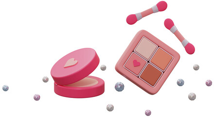 Pink makeup kit and eyeshadows 3D render, beauty products for cosmetics